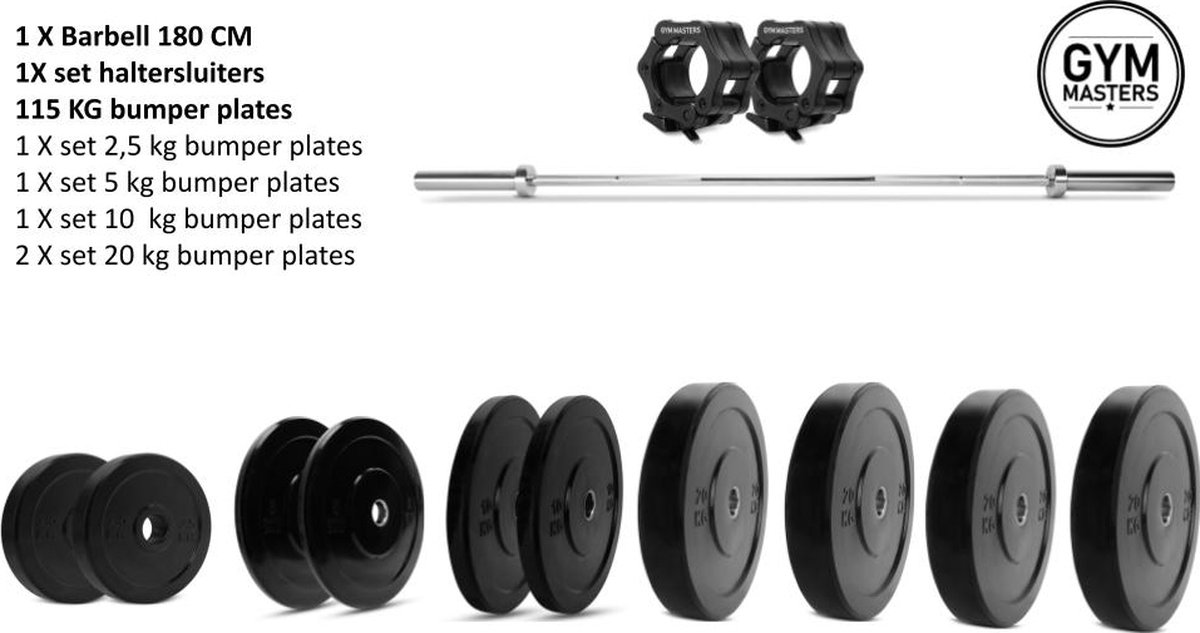 Voordeelset (130KG) | Halterstang met gewichten - 180cm / 15kg barbell + 115 kg bumper plates + set lock jaws - gym masters