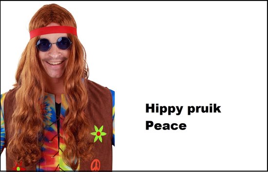 Hippie Pruik lang bruin met rode hoofdband - Hippy - Themafeest party 70s and 80s party power flower festival thema