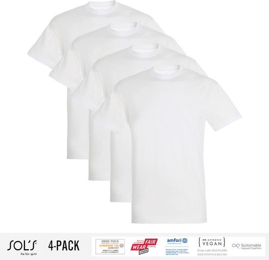 4 Pack Sol's Heren T-Shirt 100% biologisch katoen Ronde hals wit Maat S