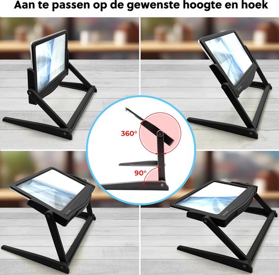 Vier afbeeldingen van een vergrootglas op een standaard, die 360 graden kan draaien en 90 graden kan kantelen.