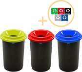 Plafor Eco Bin Prullenbak voor afvalscheiding - 50L – Set van 3, Blauw/Groen/Rood - Inclusief 5-delige Stickerset - Afvalbak voor gemakkelijk Afval Scheiden en Recycling - Afvalemmer - Vuilnisbak voor Huishouden, Keuken en Kantoor - Afvalbakken
