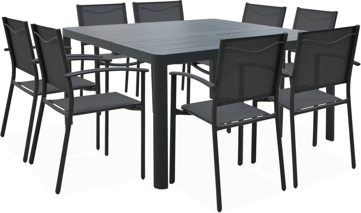 sweeek - Aluminium tafel, portland, 147,5 x 96/147,5 x 75cm + tuinstoelen