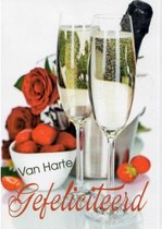 Van harte gefeliciteerd! Een bijzondere kaart voor een huwelijk of een verjaardag. De champagneglazen zijn al gevuld. Daarnaast staat de champagne met rode rozen en aardbeien erbij. Een dubbele wenskaart inclusief envelop en in folie verpakt.