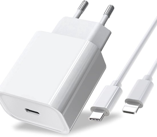 Snellader iPhone met 1m kabel - 20W oplader inclusief Oplaadkabel van 1 meter - USB-C naar lightning (iPhone) kabel 1m - 20W snellader USB-C