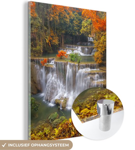 MuchoWow® Glasschilderij 30x40 cm - Schilderij acrylglas - Bomen - Waterval - Herfst - Foto op glas - Schilderijen