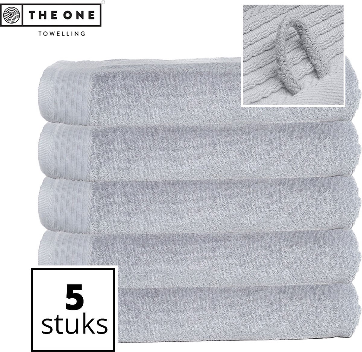 The One Towelling Classic Strandlakens - 100 x 180 cm - 5 Stuks - Voordeelverpakking - Hoge vochtopname - 100% Gekamd katoen - Lichtgrijs