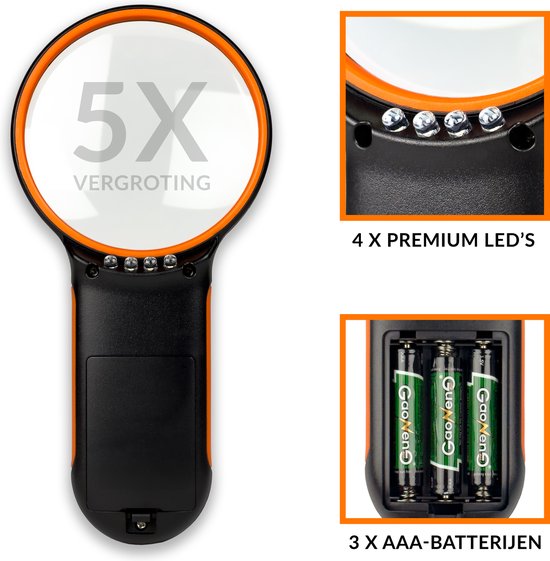 Zwart vergrootglas met oranje rand, 5x vergroting, 4 LED's en batterijvak voor 3x AAA batterijen.