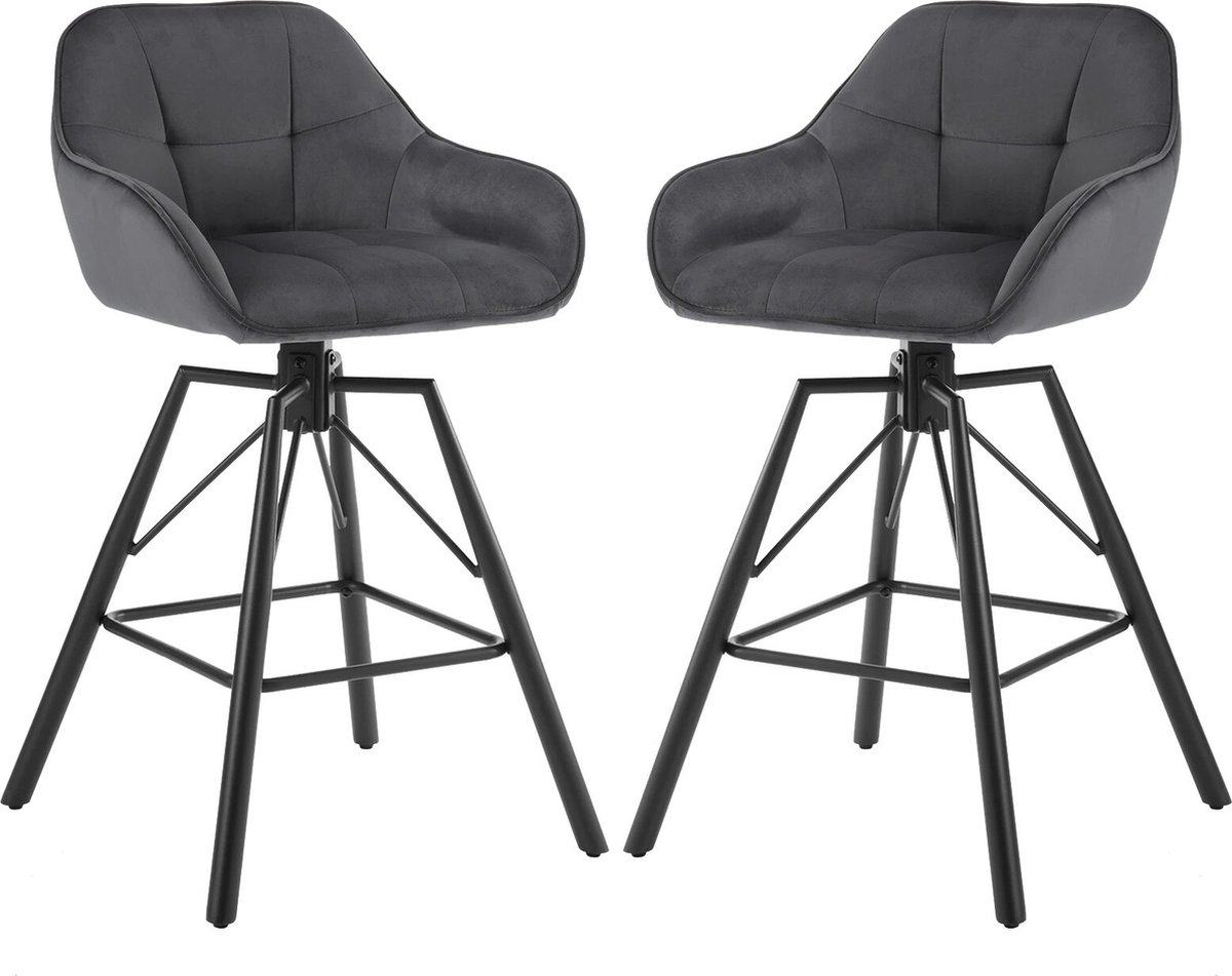 BukkitBow - Hoge Luxe Barkrukken Velvet / Vluweel - Met rugleuning en Armleuning met Strepen Patroon en Voetensteun - 360 Graden Draaibaar - Set van 2 Stuks - Donker Grijs