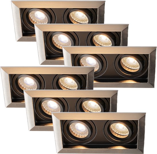 HOFTRONIC - Set van 6 Durham Dubbel LED Inbouwspots vierkant RVS - GU10 - 10 Watt 800 Lumen - 2700K Warm wit licht - Kantelbaar en Dimbaar - Diameter 100x185mm - Plafondspots 2 lichts