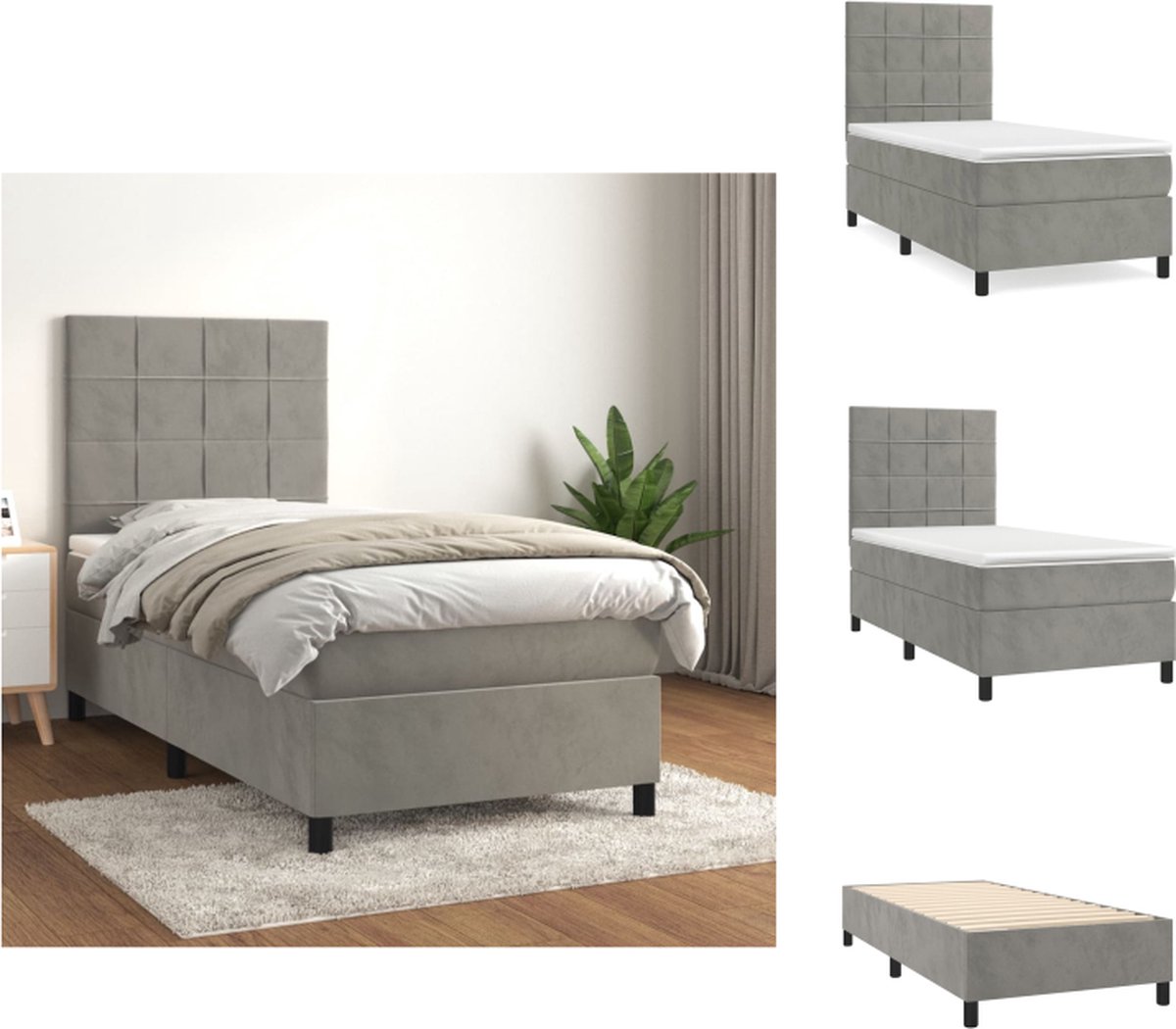 VidaXL Boxspringbed 203 x 90 x 118 128 cm Zacht Fluweel Verstelbaar hoofdbord Pocketvering matras Middelharde ondersteuning Huidvriendelijk topmatras Bed