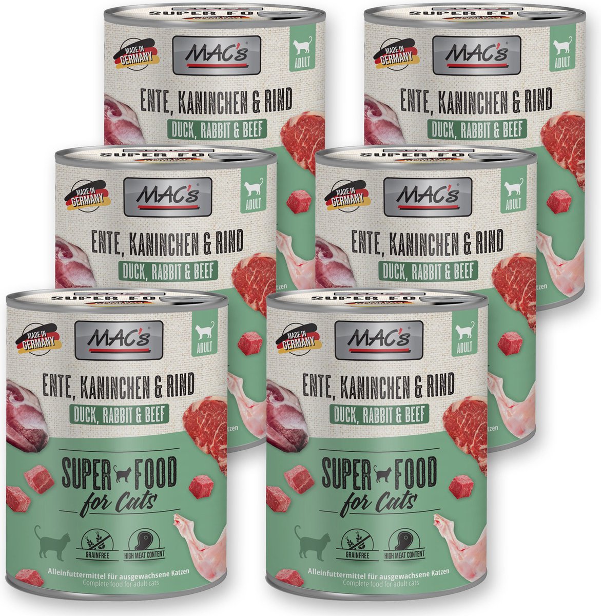 MACs MAC's Kattenvoer Natvoer Blik - 99% Eend, Konijn en Rund - 6 x 800g