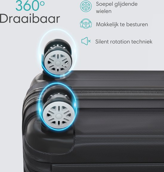 Close-up van de soepel glijdende wielen van een zwarte koffer. Tekst: '360° Draaibaar', 'Soepel glijdende wielen', 'Makkelijk te besturen', 'Silent rotation techniek'.