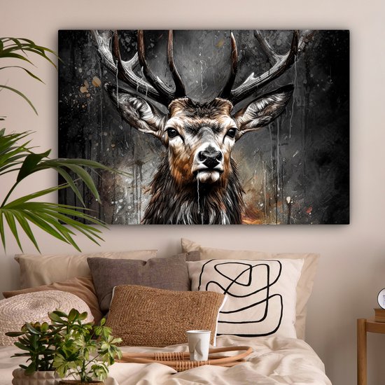 Tableau toile 120x80 cm - Cerf noir - Accessoires décoration chambre - Peintures salon tête de cerf - Décoration murale tête d'animal chambre - Décoration murale cuisine - Toile murale intérieur - Décoration maison