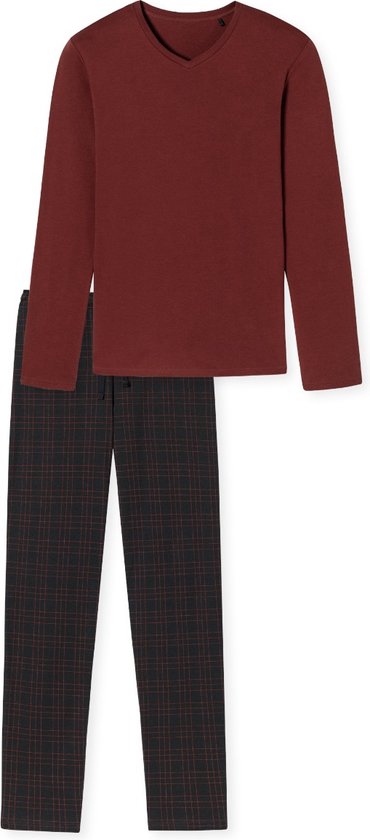 SCHIESSER Fine Interlock pyjamaset - heren pyjama lang interlock V-hals geruit terracotta - Maat: M
