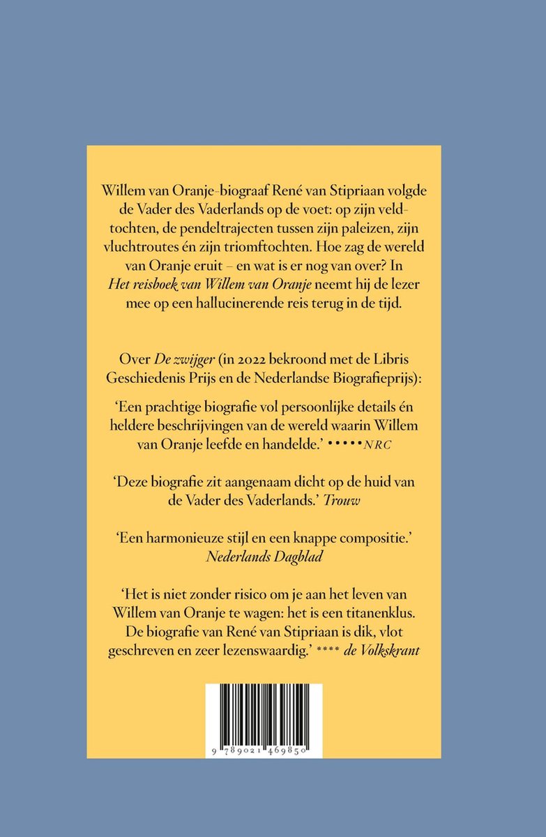 Boek met tekst over Willem van Oranje. Op de achterkant van het boek staan citaten uit recensies.