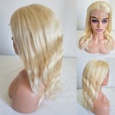 Frazimashop- Braziliaanse Remy pruik- 14 inch golf menselijke haren- kleur blond 613 -real human hair 4x4 lace closurewig