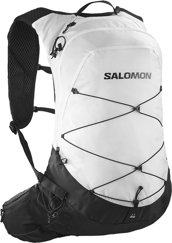 Salomon XT 20 rugzak in wit en zwart met elastisch koord op het voorvak.