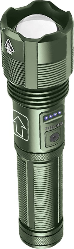 Felle LED Zaklamp - Legergroen - 5 standen flashlight - USB-C Oplaadbaar - Inclusief oplaadbare batterij - AAA batterij backup - Voor volwassenen & kinderen - vakantie tip voor reizen & kamperen - Attalos