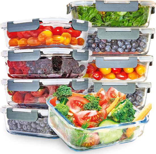 KitchenBrothers Meal Prep Containers - Set de Boîtes de conservation - Hermétique - Sans BPA - 1L - Glas - 10 Pièces