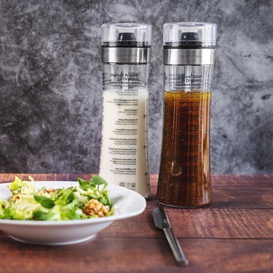 Glazen Dressing Shaker met Recepten - 500 ml - Vaatwasmachinebestendig - Nieuwe deksel & Nieuwe recepten