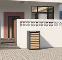 Zwarte kliko ombouw met houtlook front, staand buiten op een betegeld terras.