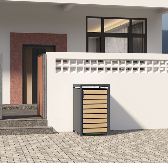 Zwarte kliko ombouw met houtlook front, staand buiten op een betegeld terras.