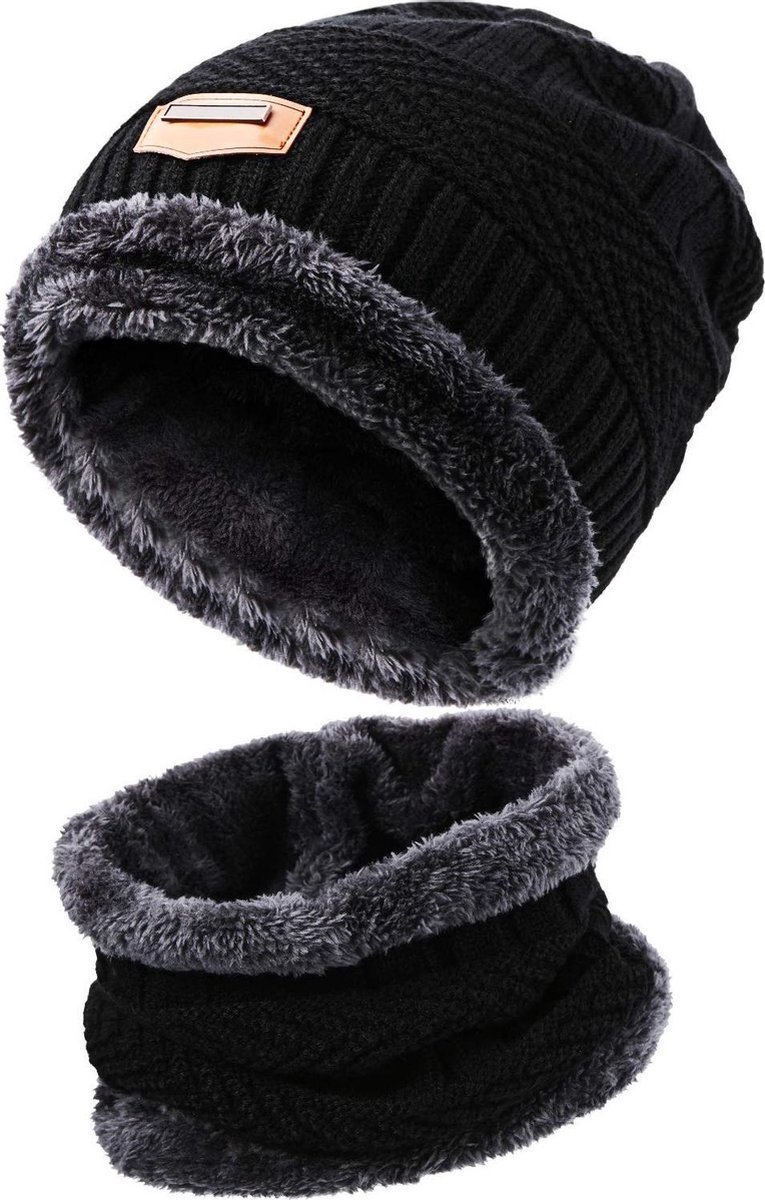 Luxe Muts met colsjaal- Winter Muts Met Colsjaal Nekwarmer - Wintermuts Gevoerd Wol - Unisex - Zwart