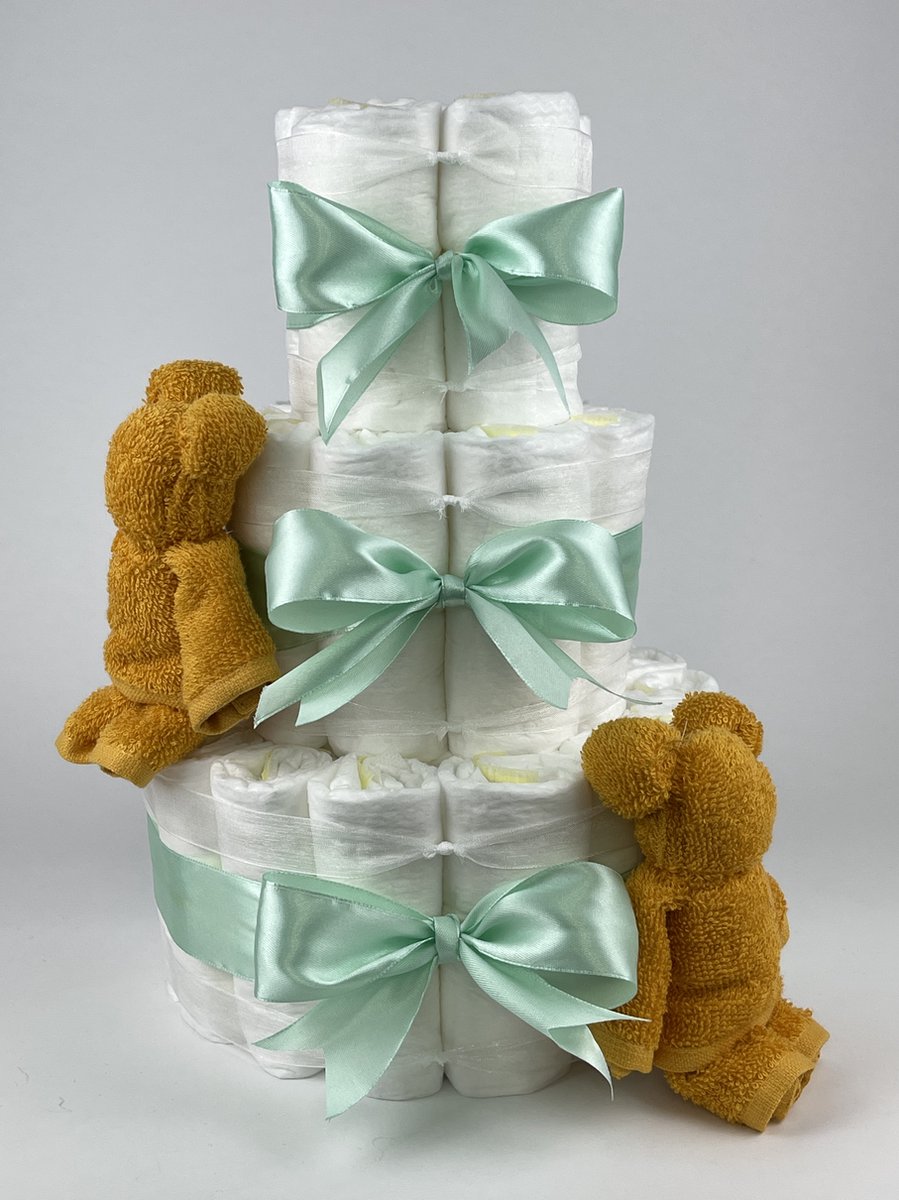 Goedkoopste Chouette-Chouette | Luiertaart Neutraal | Kraamcadeau | Geboorte Jongen Meisje | Babyshower | Beren Oker - Groen