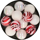 Atmosphera kerstballen 12x -parelmoer wit/rood - 4 cm - kunststof