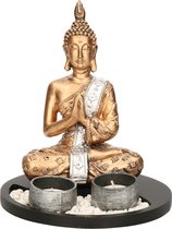 Boeddha beeld met waxinelichthouders wit 20 cm - Boeddha beeldjes voor binnen gebruik