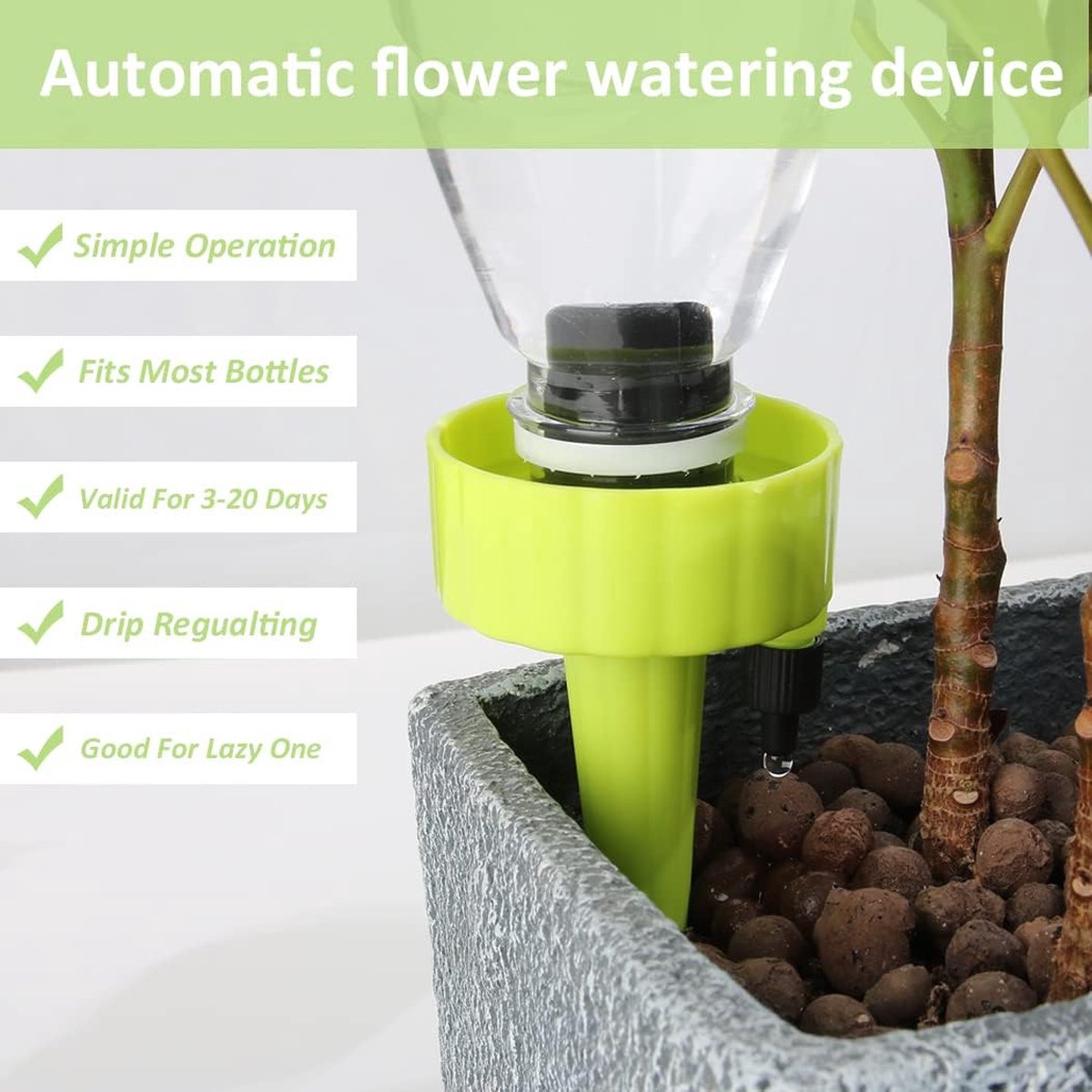 Druppelirrigatie voor potten, automatische irrigatie van planten op vakantie, 500 ml, 12 x 12 x 6 cm, irrigatie van flessen, tips voor zelfbewatering van kunststof, waterdispenser voor planten