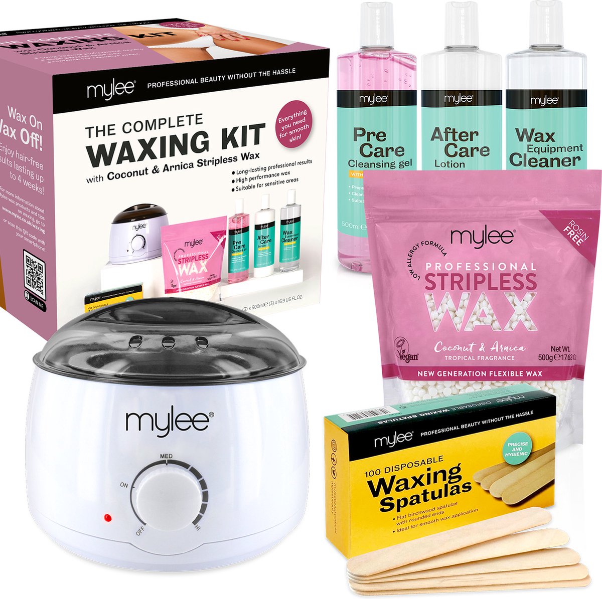 Mylee Professionele Complete Waxset met Waxverwarmer, kokosnoot en arnica harde wax kralen 500 g, applicator spatulas, pre & after care -gel, apparatuurreiniger