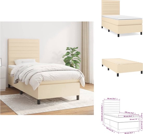 vidaXL Boxspringbed - Comfort - Bed - 193 x 90 x 118/128 cm - Crème - Pocketvering matras - Middelhard - Huidvriendelijk topmatras - Inclusief montagehandleiding - Bed