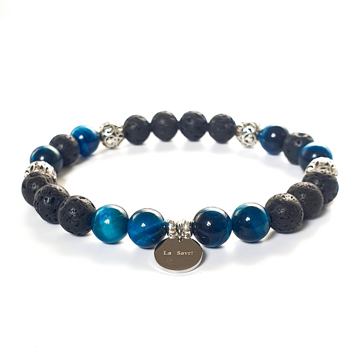 La Savri - Armband/Bracelet - 925 Sterling Silver - Blue Tiger Eye Gemstones - Black Lava Stones