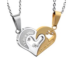Hartjes Ketting Set voor Hem en Haar - I Love You - Zilver / Goud kleurig - Romantisch Liefdes Cadeau - Relatie Cadeau - Koppel Cadeau - Mannen Cadeautjes - Vaderdag Cadeau Geschenk