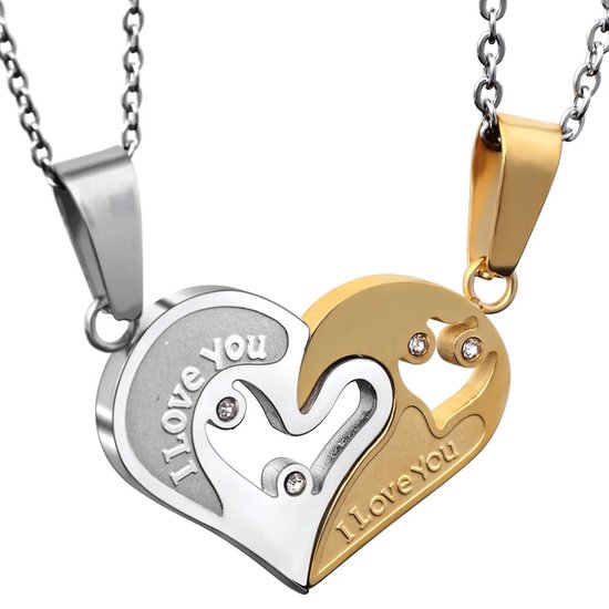 Moitiés argentée et dorée d'un collier en forme de cœur, assemblées avec le texte 'I Love You' et trois strass.