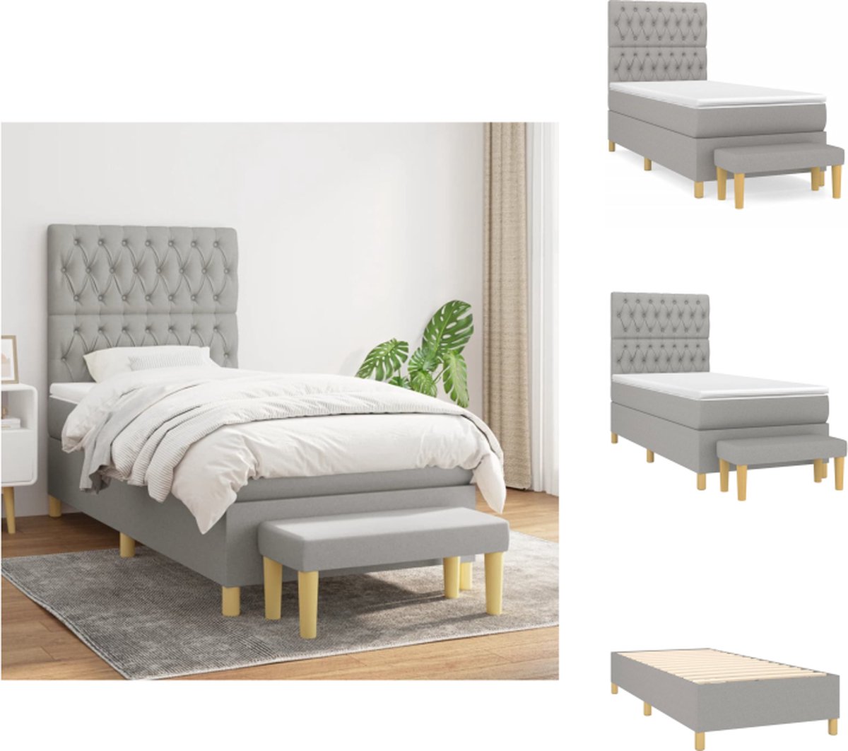 VidaXL Boxspringbed Pocketvering 90x200 cm Lichtgrijs Duurzaam materiaal praktisch hoofdbord comfortabele ondersteuning pocketvering matras middelharde ondersteuning huidvriendelijk topmatras multifunctioneel bankje Bed
