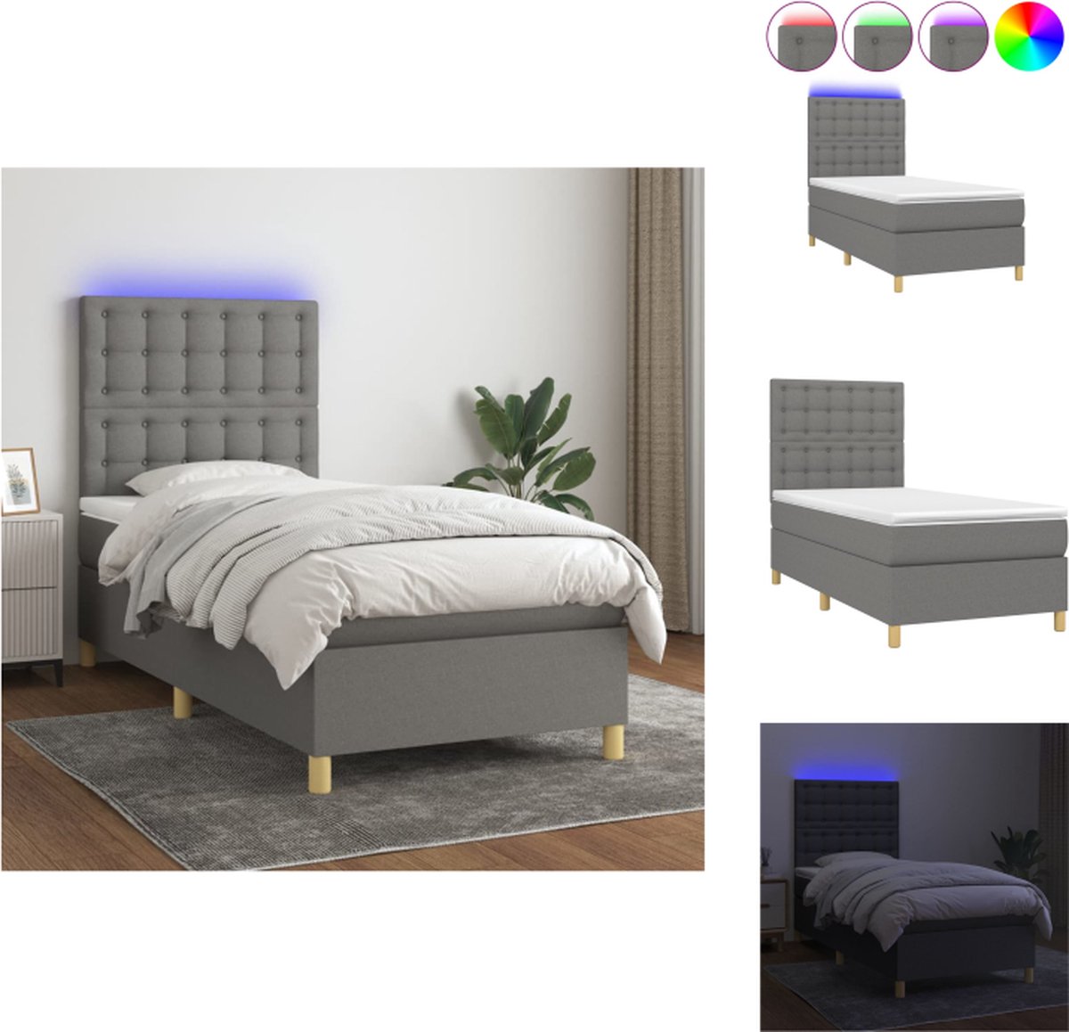 VidaXL Boxspring Bed Donkergrijs 203 x 100 x 118 128 cm Verstelbaar hoofdbord Kleurrijke LED-verlichting Pocketvering matras Huidvriendelijk topmatras Inclusief montagehandleiding en LED-strip Bed