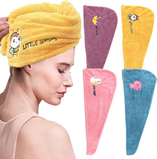 Pack of 4 Microfibre Towel Hair Quick Drying Hair Towel in 4 Colours with Button, Super Absorbent Hair Turban Towel for Women and Girls, Quick Drying Salon Travel Bath Head Wrap (Animals)