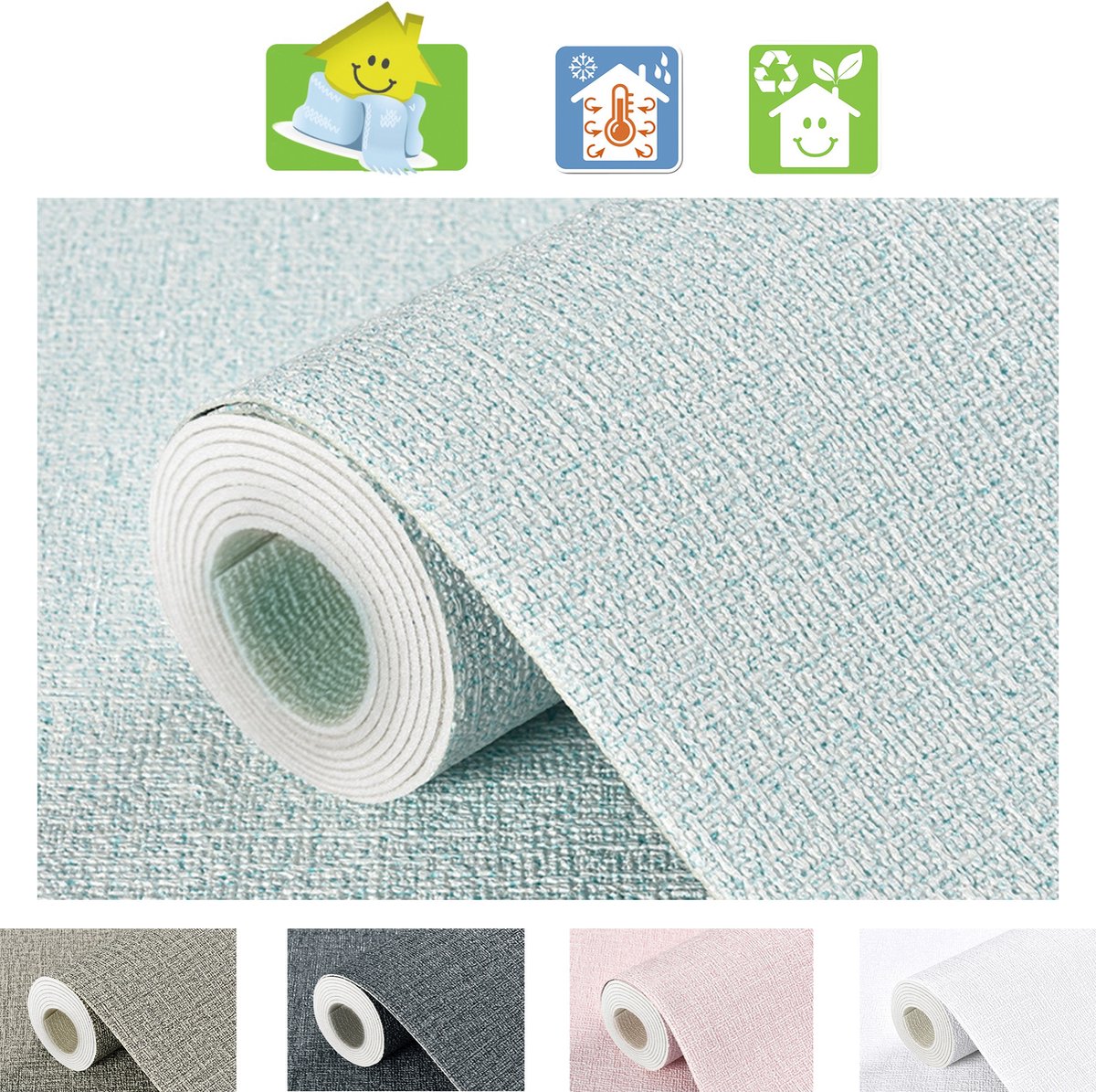 Mogi Products - Isolerend Behang-Zelfklevend Behang voor Woonkamer & Slaapkamer - Muurdecoratie - ± 2 mm Dik en Waterbestendig-Linnenstructuur Lichtblauw- Isolatie behang