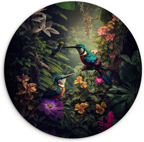 Wandcirkel jungle - Bloemen - Planten - Tropisch - Ronde schilderijen - Muurcirkel - Ronde wanddecoratie - 60x60 cm - Muurdecoratie cirkel - Slaapkamer - Kamer decoratie