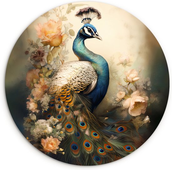 WallCircle - Wandcirkel ⌀ 90 - Pauw - Pauwenveren - Bloemen - Vogels - Botanisch - Ronde schilderijen woonkamer - Wandbord rond - Muurdecoratie cirkel - Kamer decoratie binnen - Wanddecoratie muurcirkel - Woonaccessoires