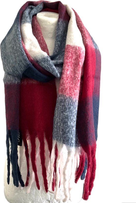 Sjaal - Dikke Kwaliteit - Geblokt - Donkerrood- 220 x 52 cm (999110#)