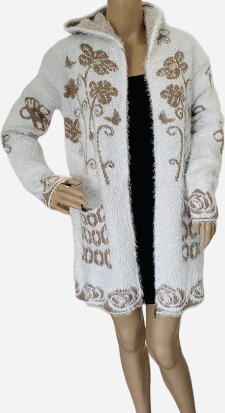 Dames lange Vest met bloemenprint fluffy vest Onesize S-L wit/beige