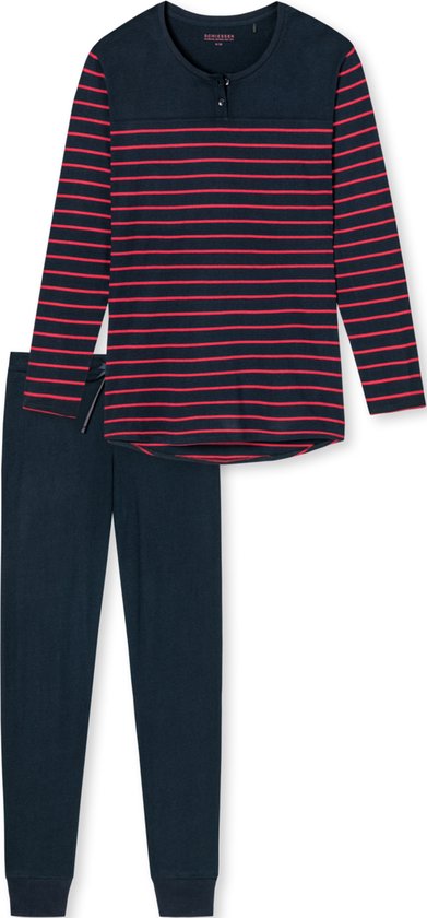 SCHIESSER sélectionné ! ensemble pyjama inspiration premium - pyjama femme long rayé poignets bleu nuit-rouge - Taille : 36