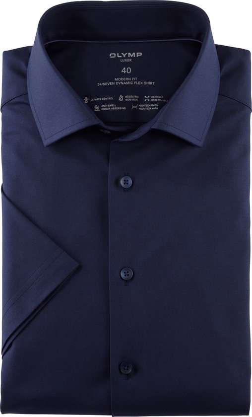 OLYMP Luxor 24/7 modern fit overhemd - korte mouw - Dynamic Flex - marineblauw - Strijkvriendelijk - Boordmaat: 43