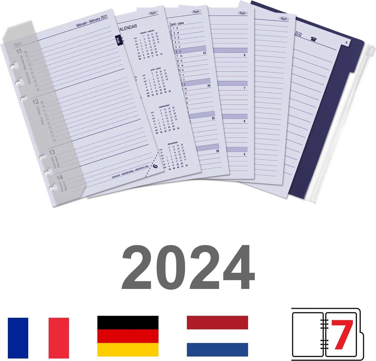 Kalpa 6305-24 A5 6 ringband Agenda Vulling - complete set- 1 Week per 2 Pagina's DE FR NL 2024