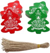 Kerst cadeaulabels - naamlabels - labels karton - kerstcadeau - kerstkado - Kerstboom rood groen - 16 stuks incl. touw