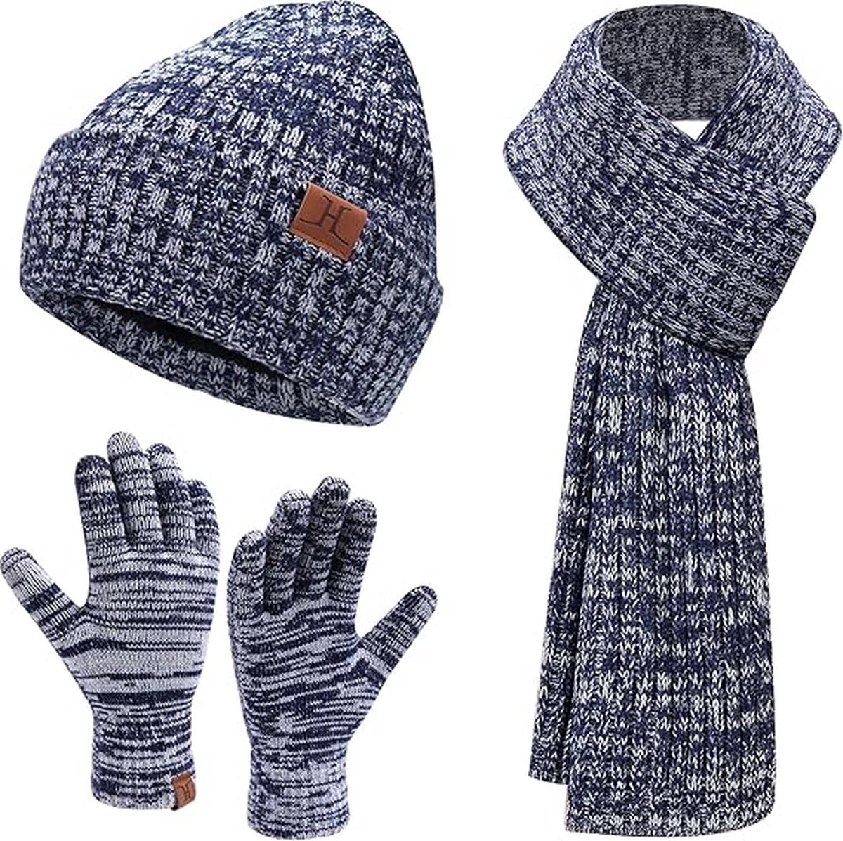 Warme winterset - Donkerblauw - Beanie, lange sjaal, touchscreen handschoenen - Fleece gevoerde muts volwassenen - Black Friday 2023 - Kerstcadeau