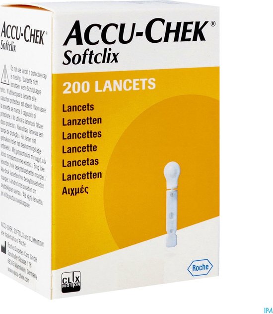 Doosje met 200 Accu-Chek Softclix lancetten. Wit met gele accenten. Tekst op de zijkant.